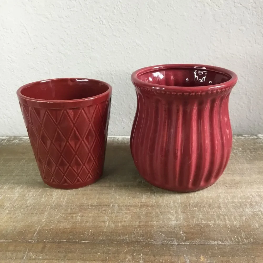Planter bundle - two dark red planters one hobnail other geometric diamond pot